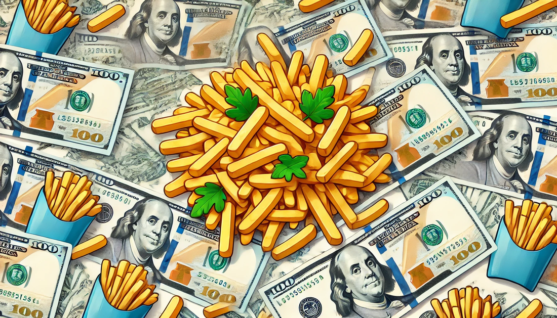 Cartoon-style image of French fries scattered on top of US hundred-dollar bills, with a playful and colorful design