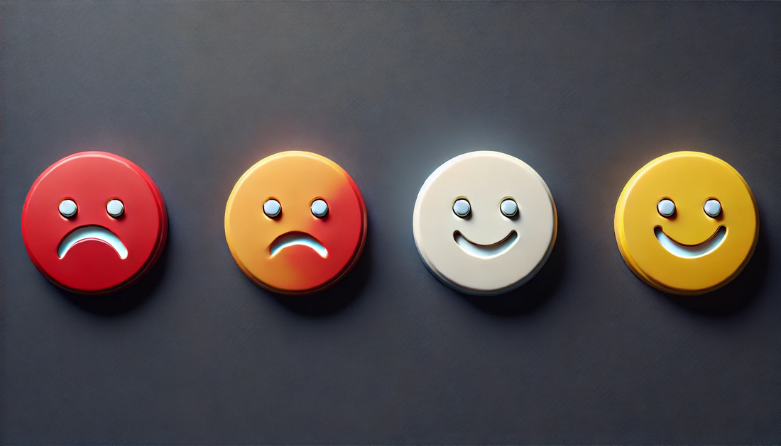 Three circular buttons for satisfaction: red with a frown, orange with a neutral face, and yellow with a smile on a dark blue background.